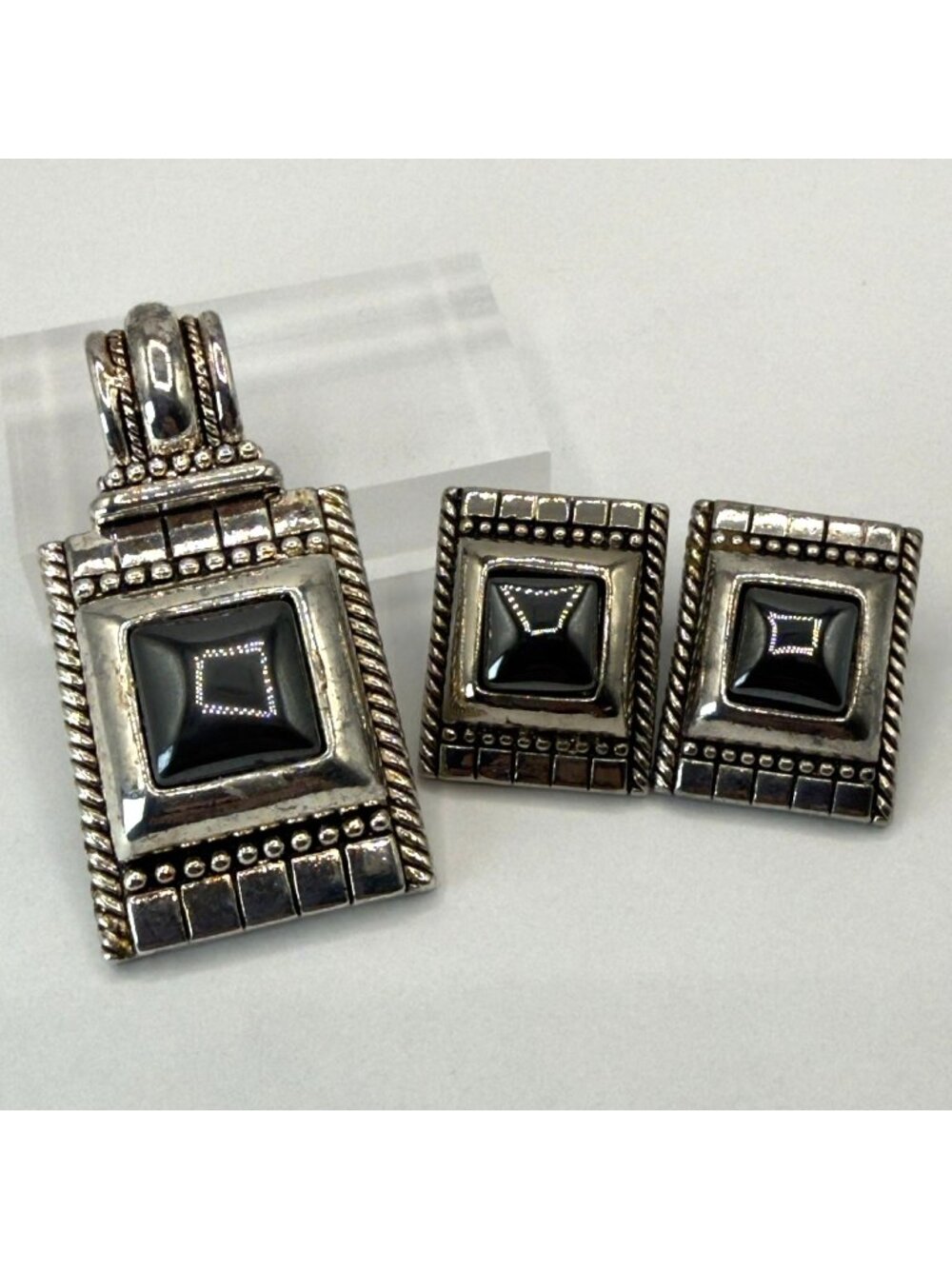 Silver Tone Black Glass Chunky Slide Pendant Earrings Set Square